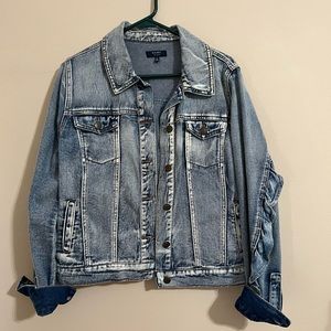 Kaari Blue Womens L Denim Blue Jean Jacket Light Wash Ruffle Details Button Down